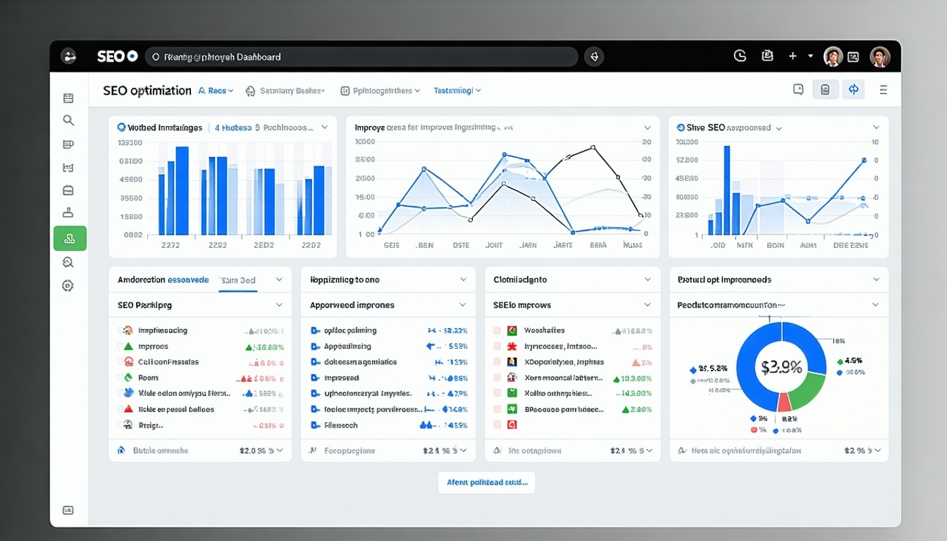 SEO optimization dashboard displaying improved search rankings.